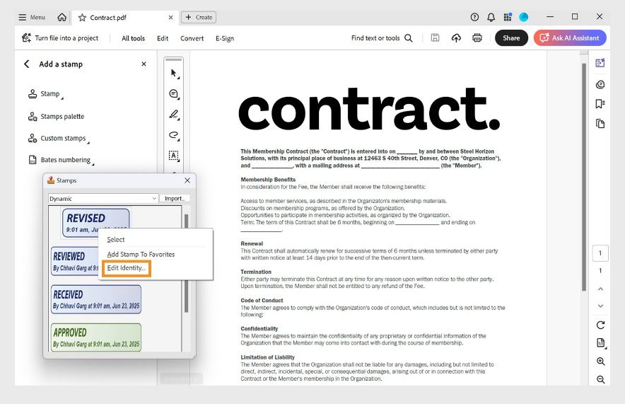 Az Adobe Acrobat egy „Szerződés” című PDF-et mutat, és a Bélyegzők eszköz nyitva van, és a bélyegző-azonosító szerkesztésének lehetősége ki van emelve a dinamikus bélyegző panelen.