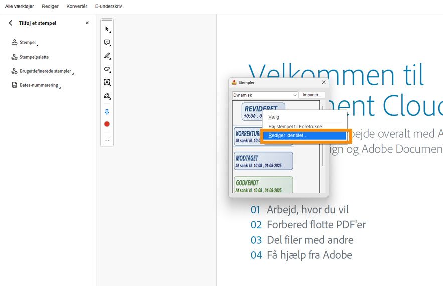 Adobe Acrobat viser en PDF med titlen &quot;Kontrakt&quot; med værktøjet Stempel åbent og muligheden for at redigere stempelidentitet fremhævet i panelet Dynamiske stempler.