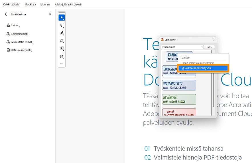 Adobe Acrobatissa näkyy Sopimus-niminen PDF-tiedosto. Leimat-työkalu on auki, ja leiman identiteetin muokkausvaihtoehto on korostettu dynaamisten leimojen paneelissa.