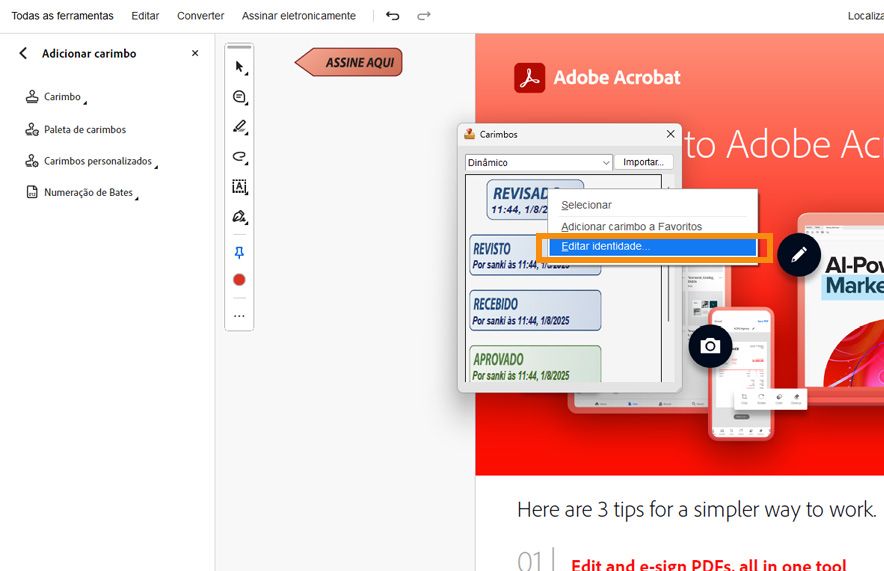Adobe Acrobat mostrando um PDF intitulado &quot;Contrato&quot; com a ferramenta Carimbos aberta e a opção de editar a identidade do carimbo destacada no painel de carimbo dinâmico.