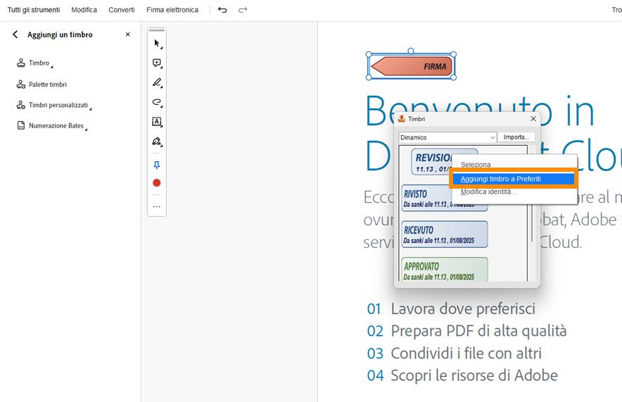 Adobe Acrobat che mostra un PDF intitolato &quot;Contratto&quot; con lo strumento Timbri aperto e l'opzione per modificare l'identità del timbro evidenziata nel pannello dei timbri dinamici.