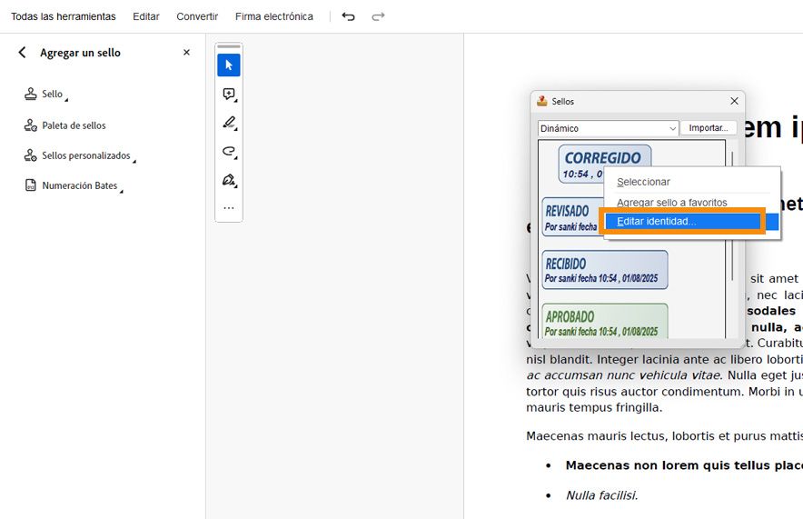 Adobe Acrobat mostrando un PDF titulado &quot;Contrato&quot; con la herramienta Sellos abierta y la opción para editar la identidad del sello resaltada en el panel de sellos dinámicos.