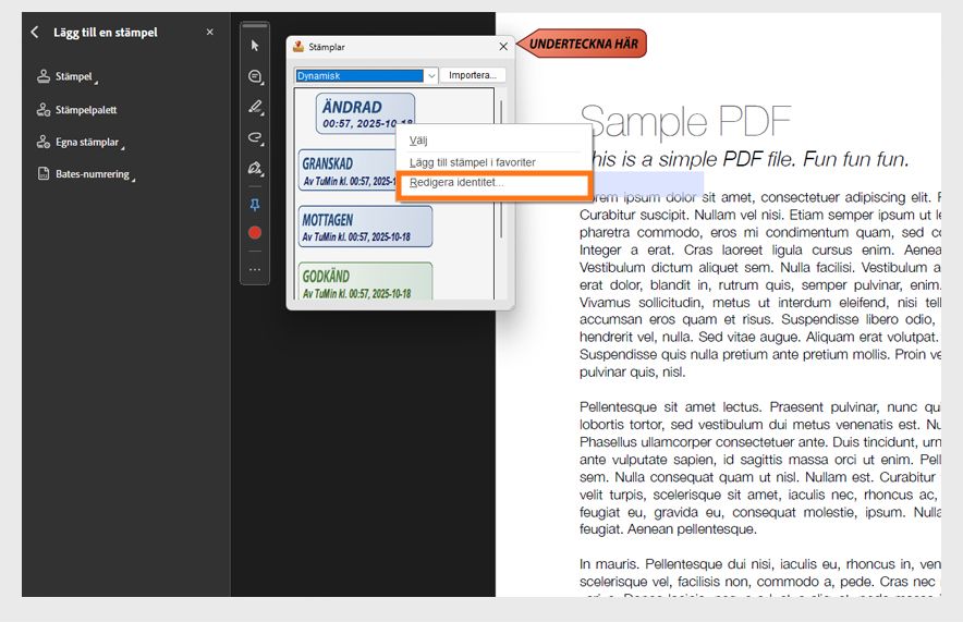 Adobe Acrobat visar en PDF med titeln &quot;Kontrakt&quot; med stämpelverktyget öppet och alternativet att redigera stämpelidentitet markerat i panelen för dynamiska stämplar.