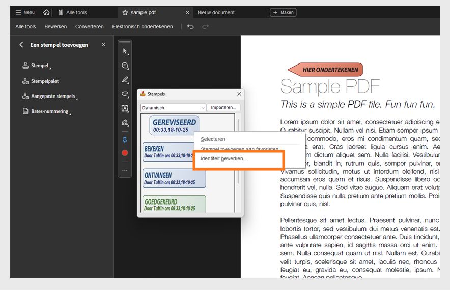 Adobe Acrobat met een PDF met de titel &quot;Contract&quot; met het gereedschap Stempels geopend en de optie om de stempelidentiteit te bewerken gemarkeerd in het dynamische stempelpaneel.