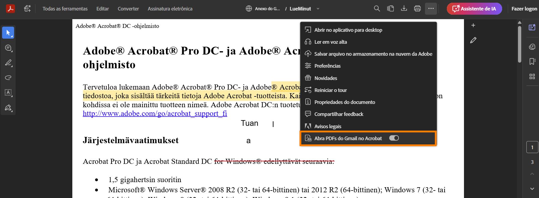 Visualizador do Adobe Acrobat mostrando o menu de três pontos com o botão de alternância “Abrir PDFs do Gmail no Acrobat” destacado.