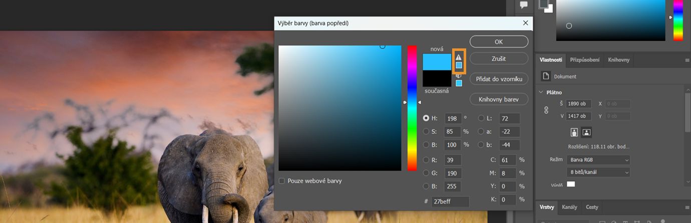 Okno pro výběr barvy v aplikacích Adobe se zvýrazněnou ikonou výstrahy na barvu mimo gamut