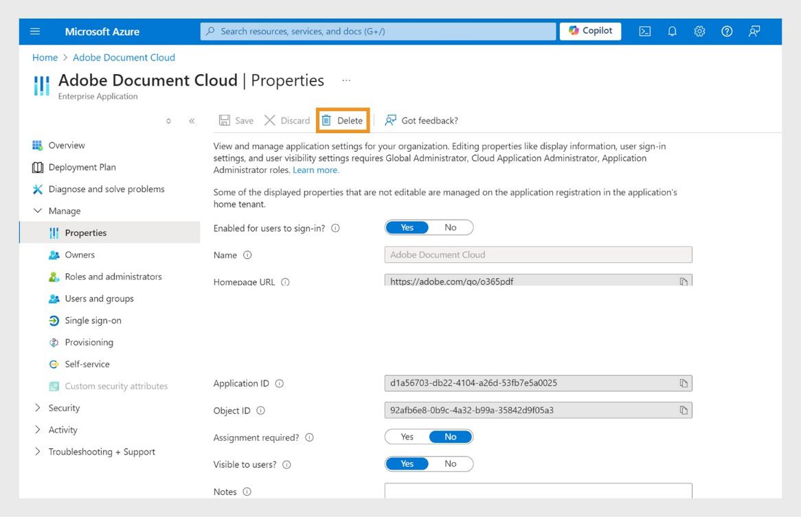 Nagpapakita ang Adobe Document Cloud Properties page ng mga property ng app at mga tool sa itaas na menu, kung saan na-highlight ang delete button. 