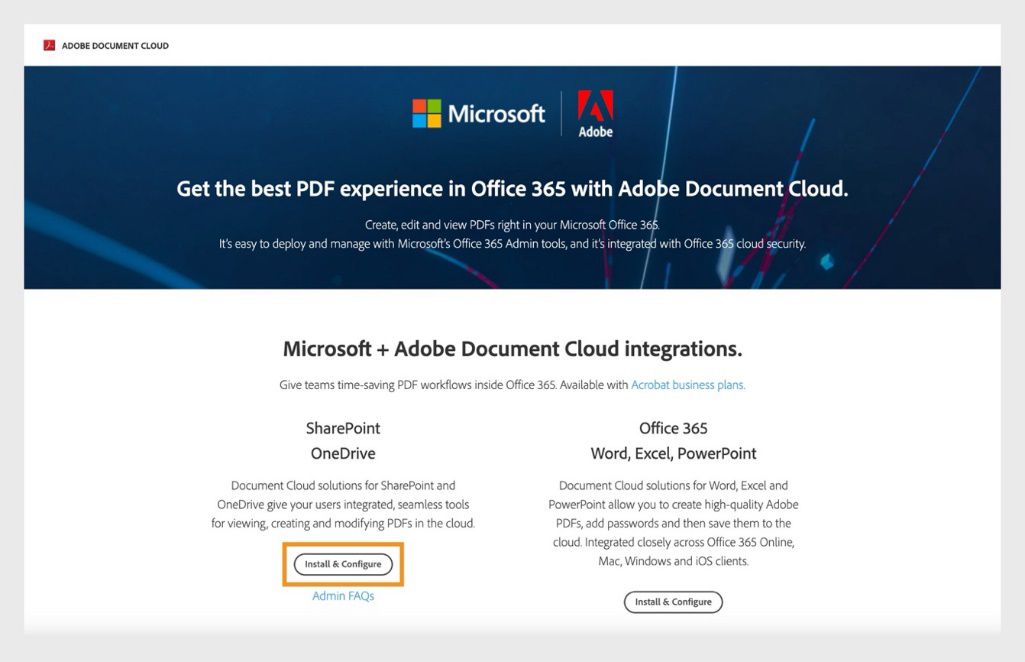 Nagpapakita ang Adobe Document Cloud integrations page ng mga opsyon para i-install at i-configure ang SharePoint OneDrive at Office 365. 
