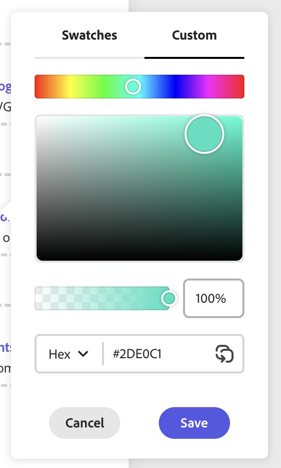 Image shows the Adobe Express color picker with a box to paste the Hex color value copied from Adobe Color within the tab named "Custom"