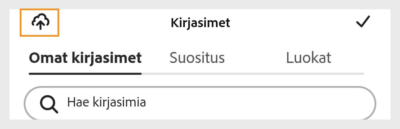 Adobe Expressin Kirjasimet-paneeli, jossa näkyvät Omat kirjasimet-, Suositellut- ja Luokat-välilehdet sekä "Hae kirjasimia" -hakupalkki ja oranssilla korostettu lataa-kuvake.