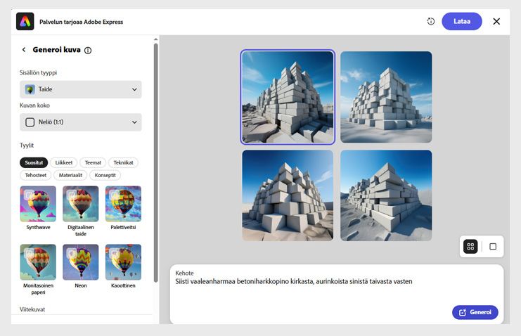 Acrobatin Adobe Express -editori näyttää tekstikuvauskentän, kuvavaihtoehdot ja esimerkkikehotteita tekoälykuvien generointiin.