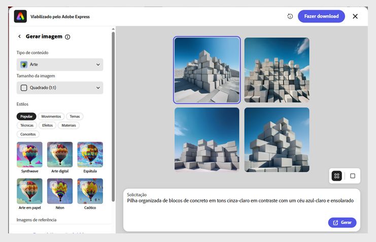 O editor do Adobe Express no Acrobat exibe a caixa de descrição em texto, opções de imagem e exemplos de prompts para gerar imagens por IA.