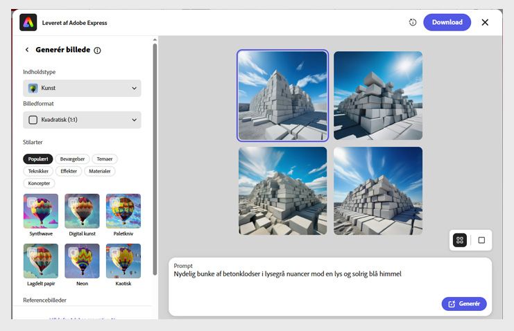 Adobe Express-editoren i Acrobat viser feltet for tekstbeskrivelse, billedindstillinger og eksempler på prompts til at generere AI-billeder.