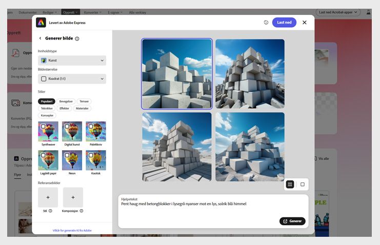 Adobe Express-redigering i Acrobat viser tekstbeskrivelseboks, bildealternativer og eksempler på hjelpetekster for generering av KI-bilder.