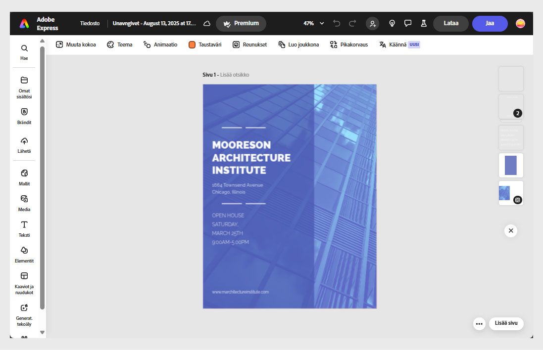 Adobe Express -editori näyttää prosessivirtaussuunnitelman, jossa on yläpalkin vaihtoehdot koon muuttamiseen, teemoitukseen, animointiin, taustaväriin ja asettelutyökaluihin.