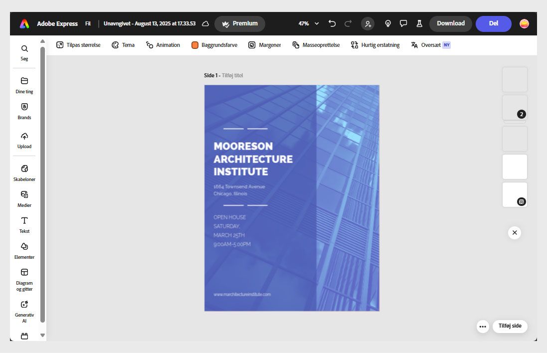 Adobe Express-editor der viser en proces for forløbet af et design med muligheder i øverste bjælke for at ændre størrelse, temaer, animation, baggrundsfarve samt layoutværktøjer.