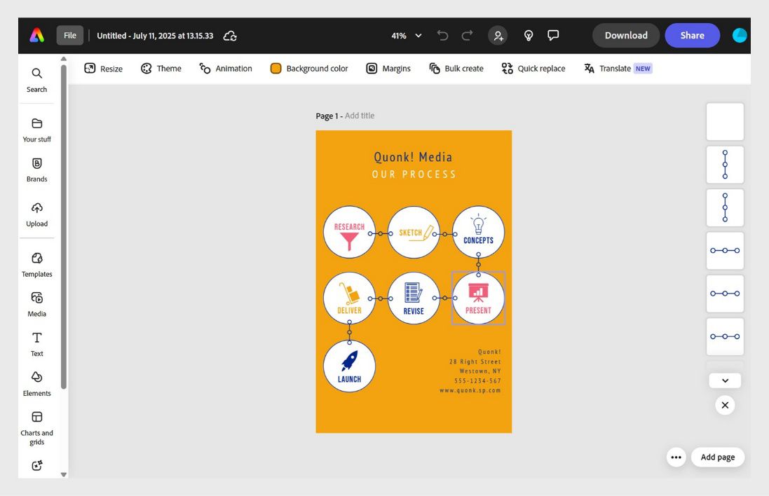 Adobe Express-editor met een processtroomontwerp en opties in de bovenste balk voor het wijzigen van het formaat, thema's, animatie, achtergrondkleur en lay-outTools.