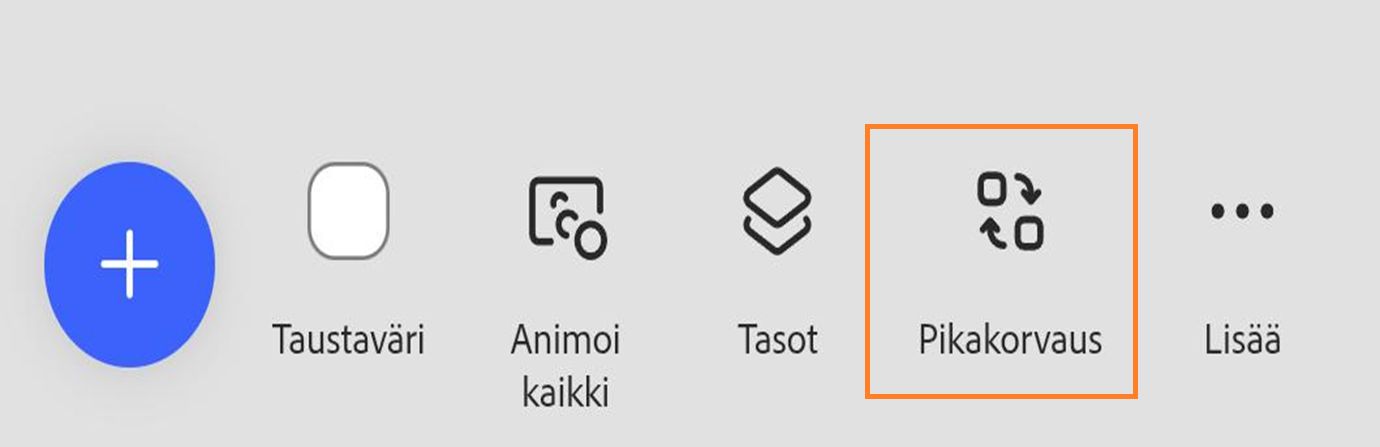 Adobe Expressin editorin työkalurivi, jossa on näkyvissä eri vaihtoehtoja, kuten Teema, Taustaväri, Animoi kaikki, Tasot sekä korostettuna näkyvä Pikakorvaus.