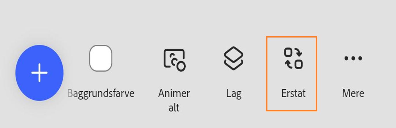 Adobe Express-editorværktøjslinje, der viser indstillinger som Tema, Baggrundsfarve, Animer alle, Lag og Hurtig udskiftning fremhævet.