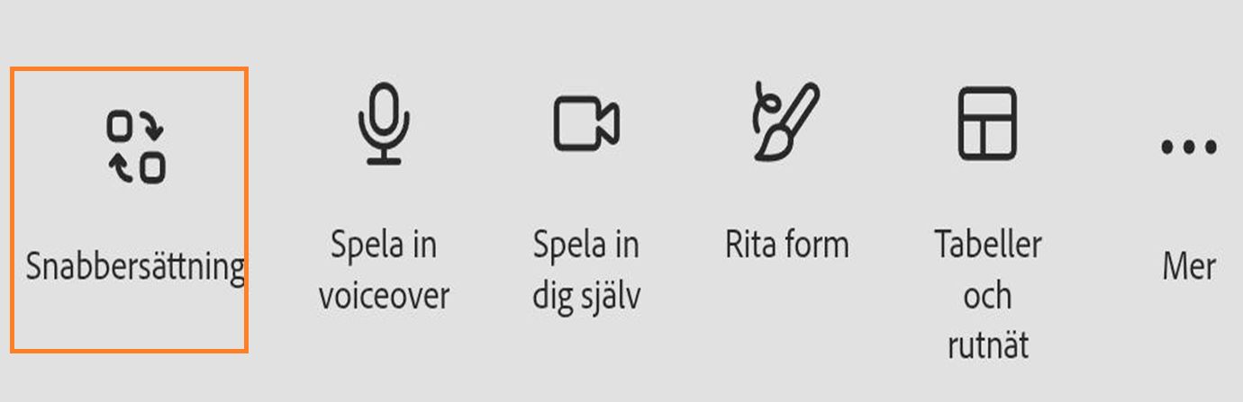 Verktygsfältet i Adobe Express-redigeraren visar alternativ som Tema, Bakgrundsfärg, Animera alla, Lager och Snabbersättning.