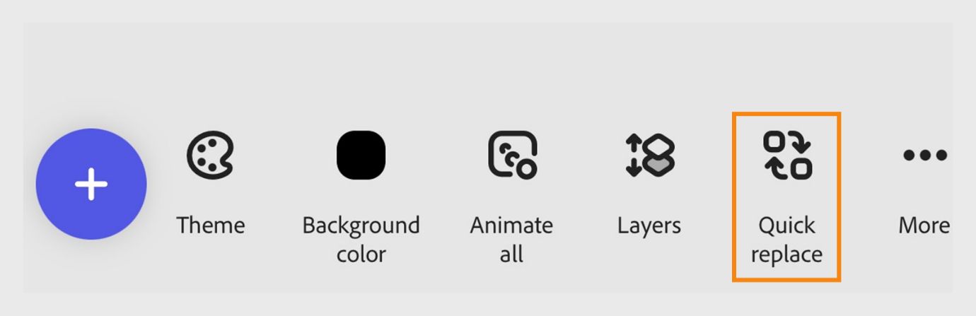 De werkbalk van de Adobe Express-editor toont opties zoals Thema, Achtergrondkleur, Alles animeren, Lagen en Snel vervangen, die zijn gemarkeerd.