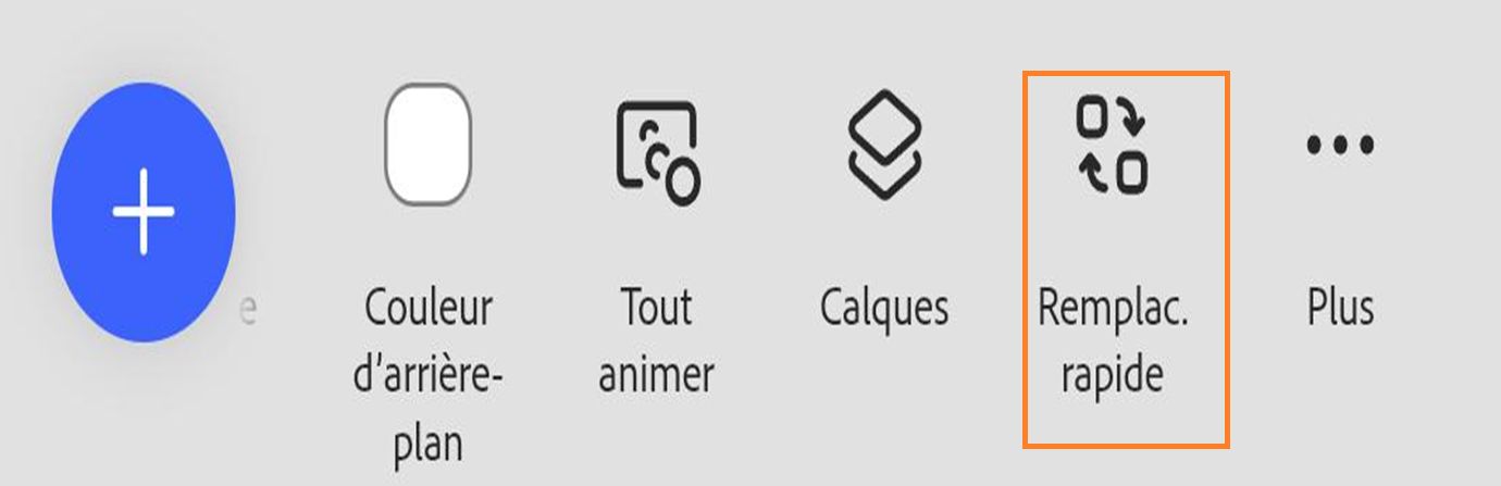 Barre d’outils de l’éditeur Adobe Express avec des options comme Thème, Couleur d’arrière-plan, Tout animer, Calques et Remplacement rapide mises en évidence.