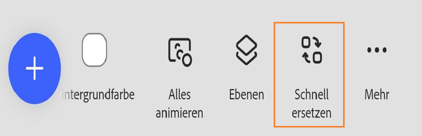 Die Symbolleiste des Adobe Express-Editors mit Optionen wie „Thema“, „Hintergrundfarbe“, „Alle animieren“, „Ebenen“ und „Schnell ersetzen“ ist markiert.