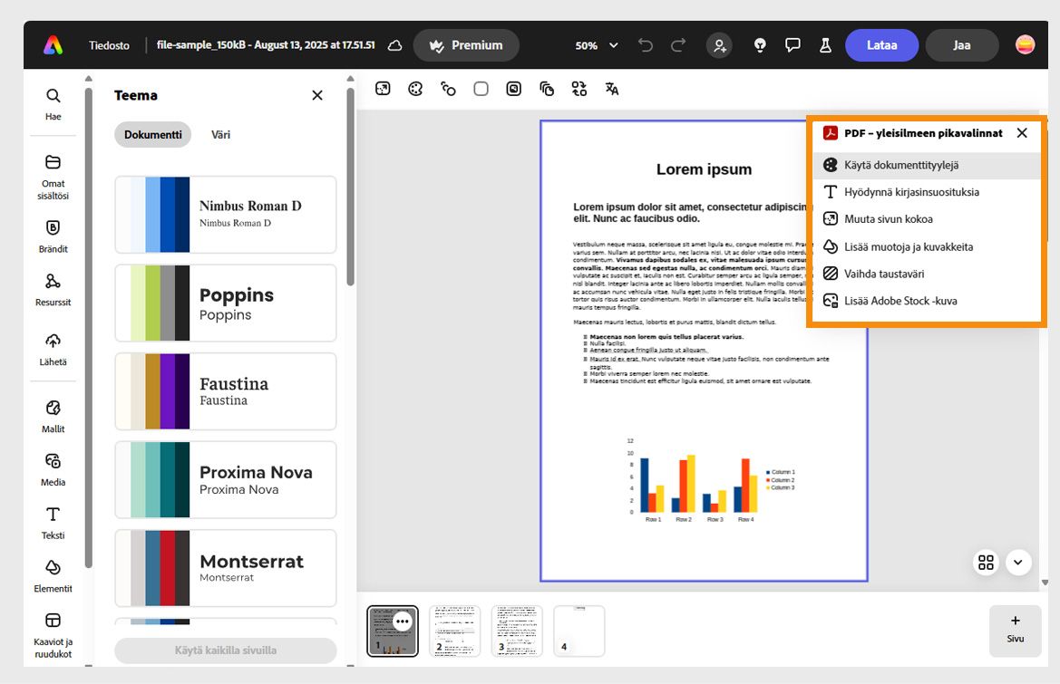 Acrobatin Adobe Express -editori näyttää Stylize PDF -työkaluosion, jossa on vaihtoehtoja kuten Get font recommendations, Apply color theme, Resize page ja muita.