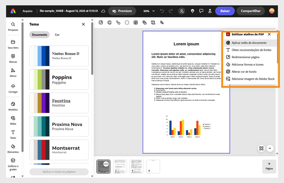 O editor do Adobe Express no Acrobat mostra a seção de ferramentas de estilização de PDFs, com opções como obter recomendações de fonte, aplicar tema de cores, redimensionar página, entre outras.