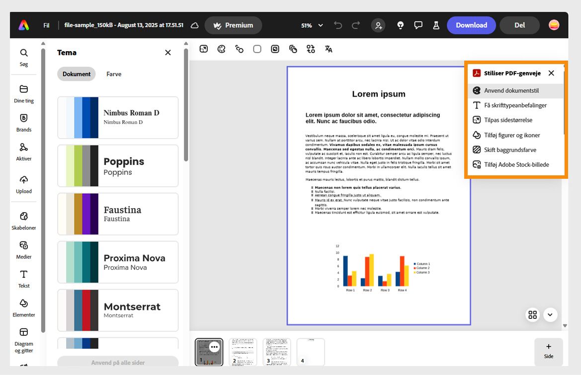 Adobe Express-editoren via Acrobat viser afsnittet med værktøjer til at ændre stil på PDF'er stil med muligheder som Få anbefalinger til skrifttype, Anvend farvetema, Tilpas sidestørrelse og mere.
