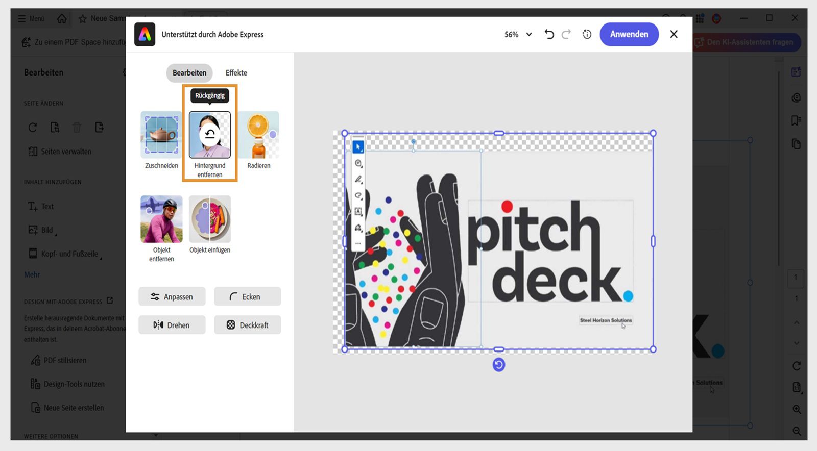 Das Fenster „Adobe Express-Editor“ in Acrobat zeigt verschiedene Optionen wie „Hintergrund entfernen“, „Füllung generieren“, „Löschen“, „Zuschneiden“ und mehr an.