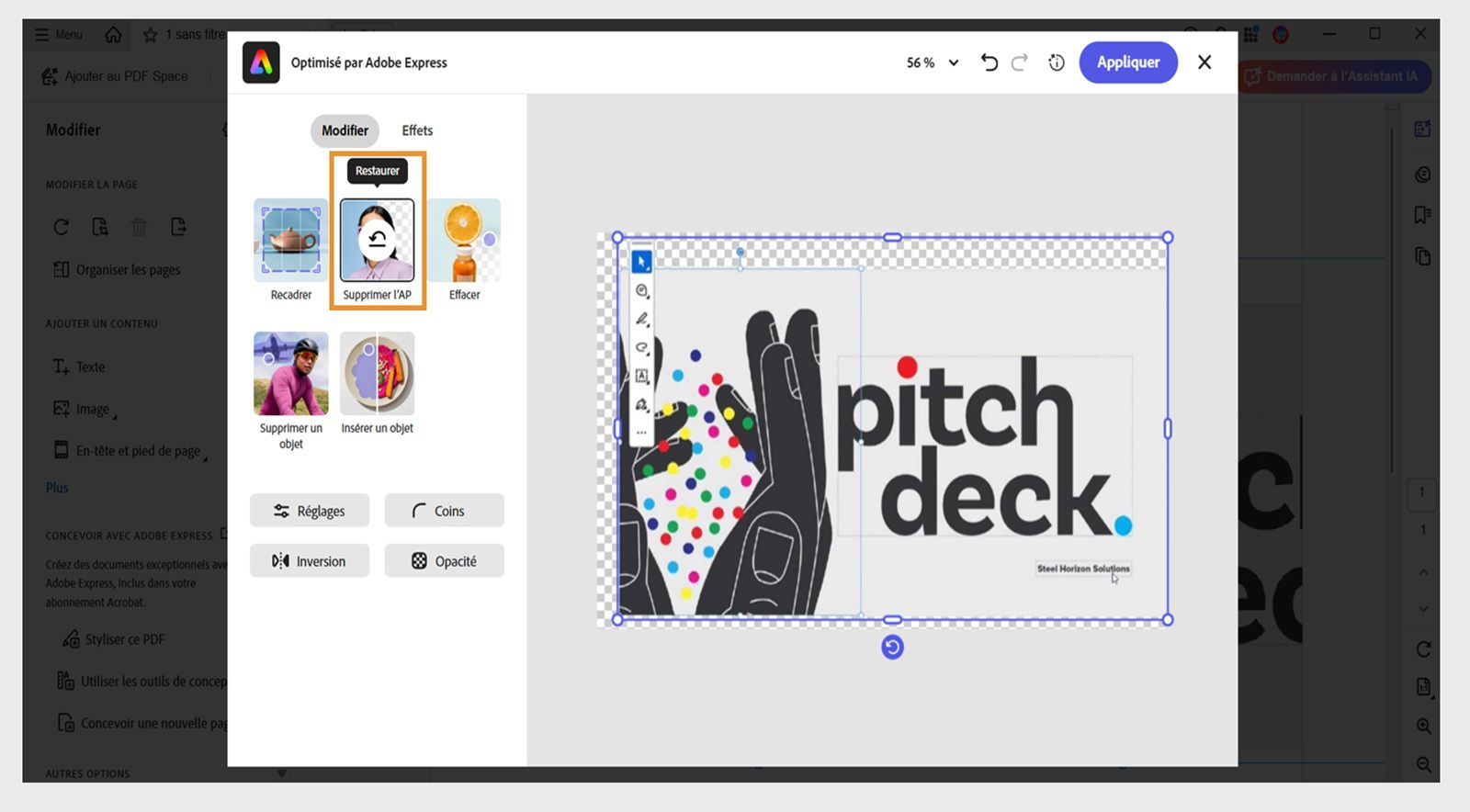 La fenêtre de l’éditeur Adobe Express dans Acrobat présente diverses options, telles que Supprimer l’arrière-plan, Remplissage génératif, Effacer, Recadrer et bien plus encore.