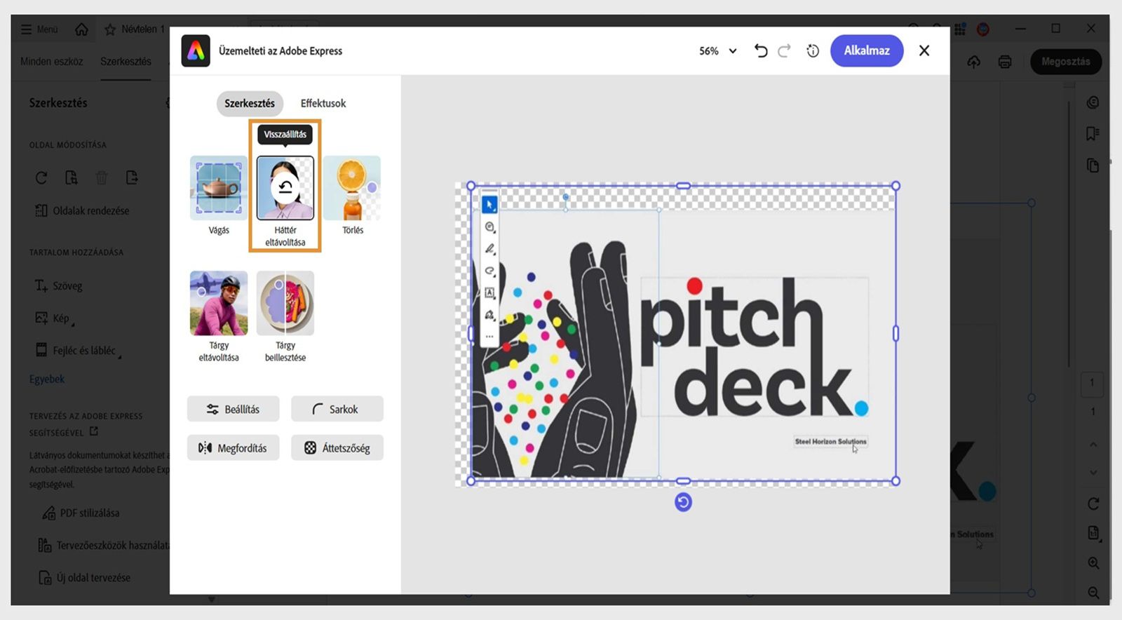 Az Adobe Express szerkesztőablaka az Acrobatban különböző opciókat jelenít meg, például Háttér eltávolítása, Generatív kitöltés:, Törlés, Vágás és egyebek.