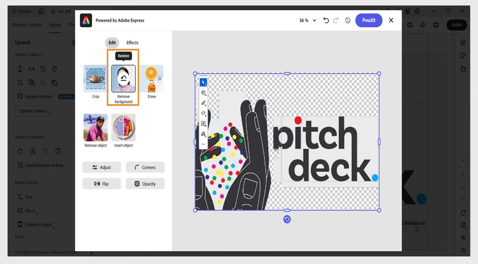 Okno editoru Adobe Express v aplikaci Acrobat zobrazuje různé možnosti, jako je Odstranit pozadí, Generovat výplň, Vymazat, Oříznutí a další.