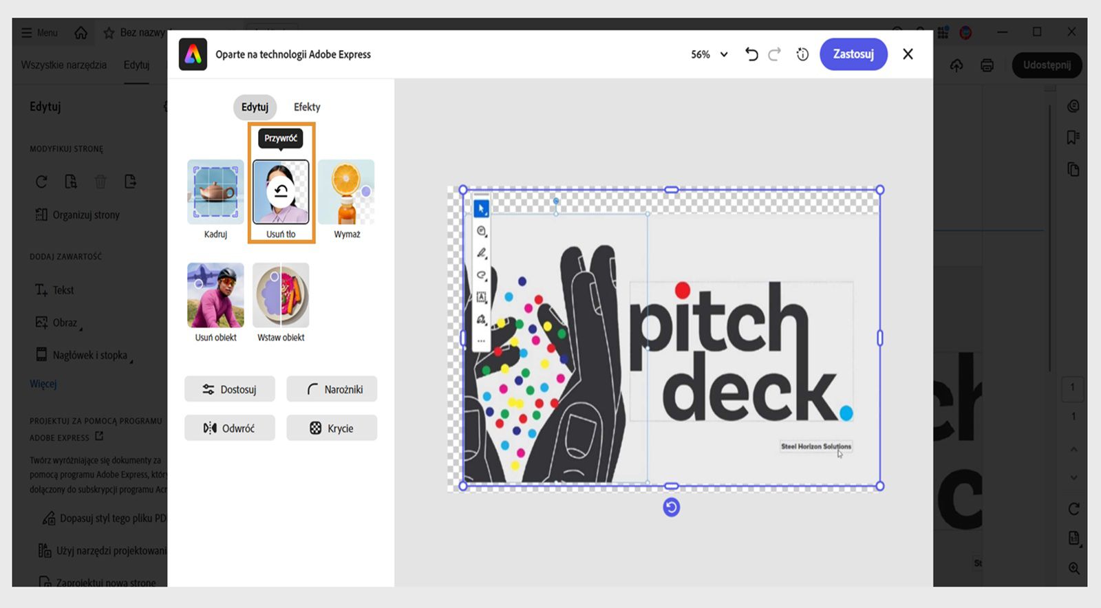 Okno edytora Adobe Express w programie Acrobat wyświetla różne opcje, takie jak Usuń tło, Generuj wypełnienie, Wymaż, Kadruj i nie tylko.