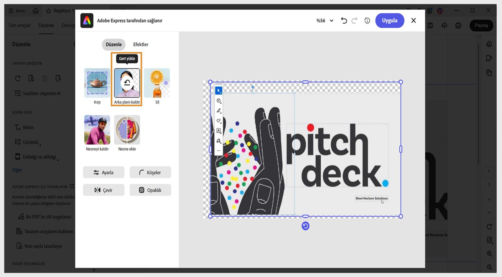 Acrobat'ta Adobe Express düzenleyici penceresi, Arka planı kaldır, Dolgu oluştur, Sil, Kırp ve diğer seçenekler gibi çeşitli seçenekleri görüntüler.