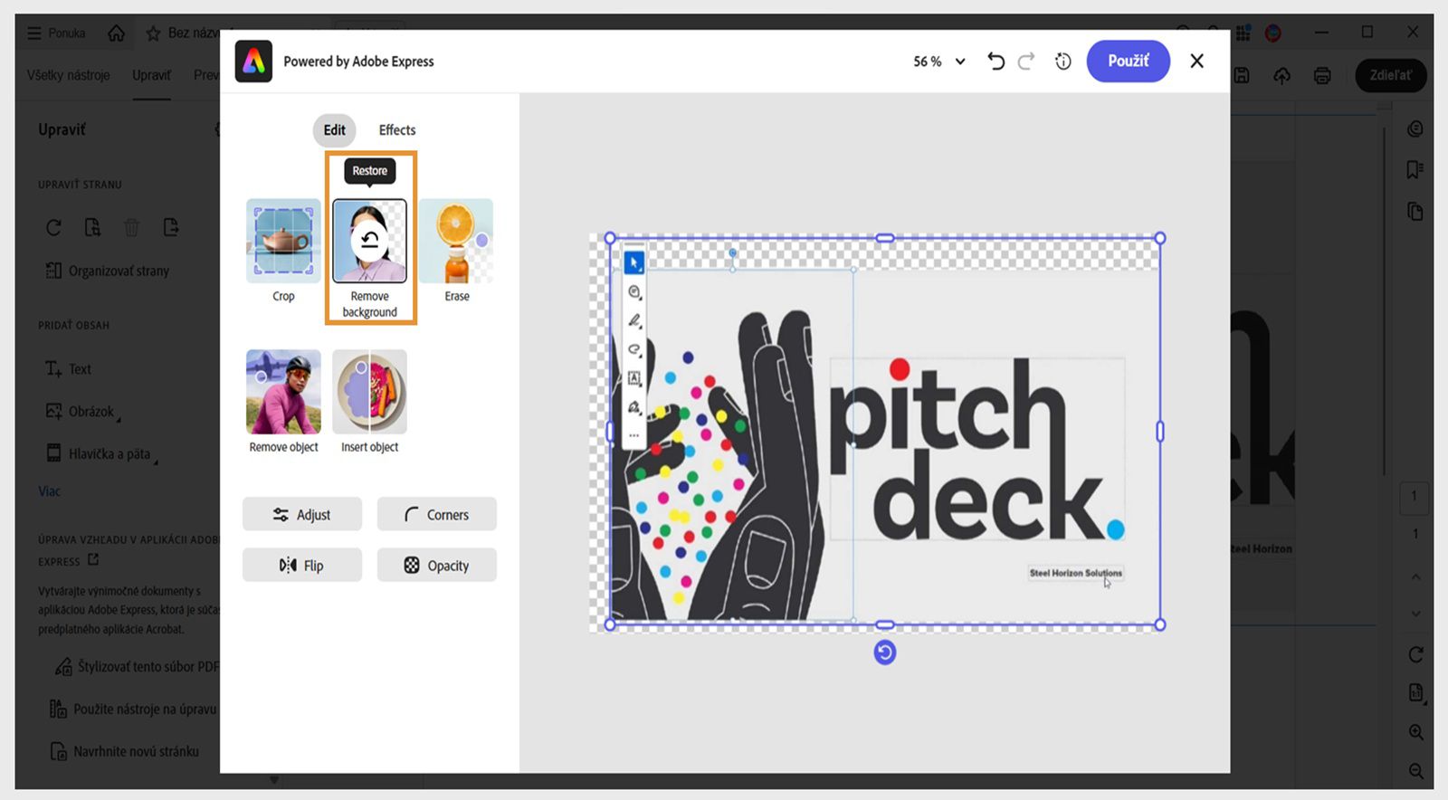 Okno editora Adobe Express v programe Acrobat zobrazuje rôzne možnosti, ako napríklad Odstránenie pozadia, Generovať výplň, Vymazať, orezanie a ďalšie.