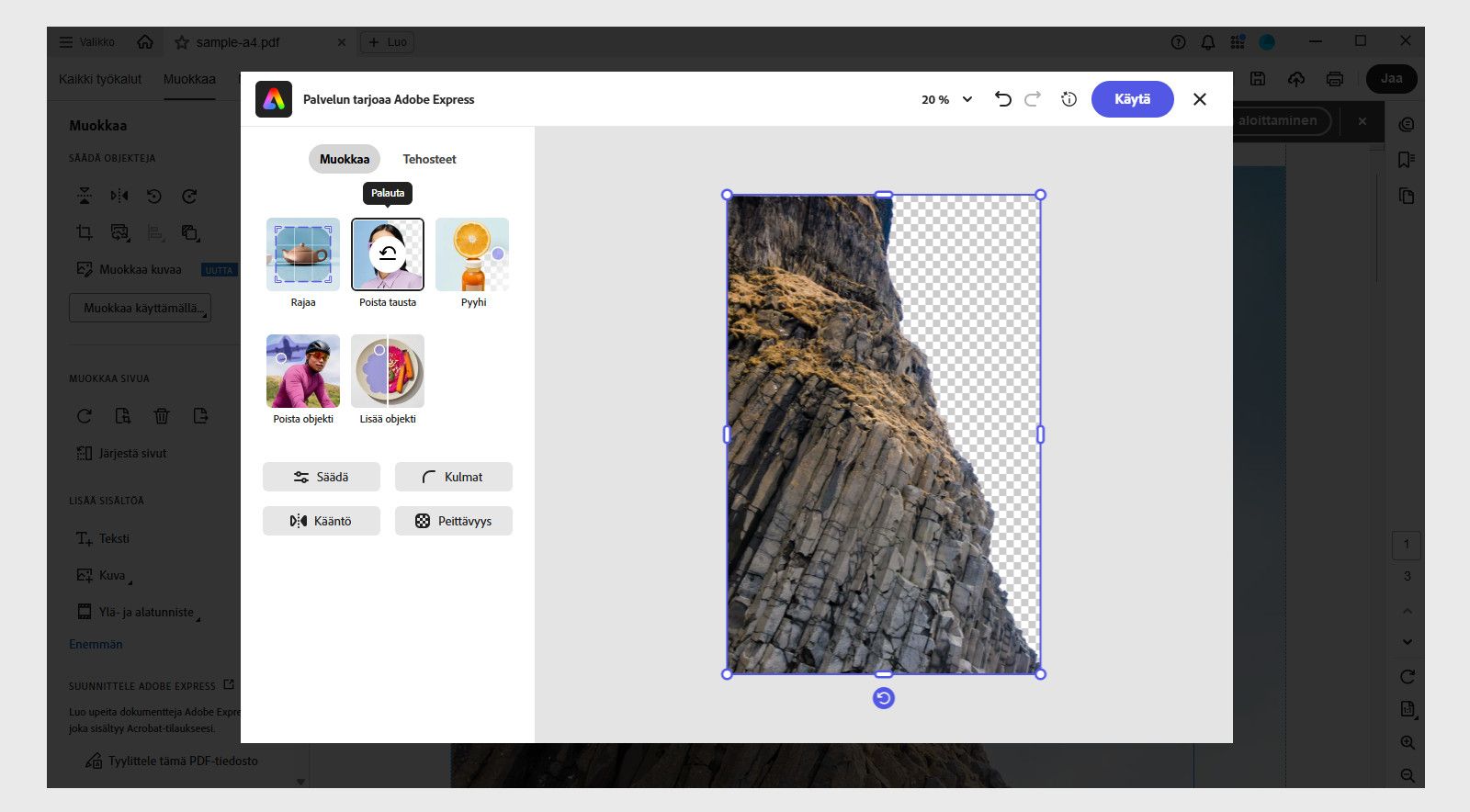 Adobe Express -muokkausikkuna Acrobatissa näyttää erilaisia vaihtoehtoja, kuten Poista tausta, Generoi täyttö, Pyyhi, Rajaus ja muita.