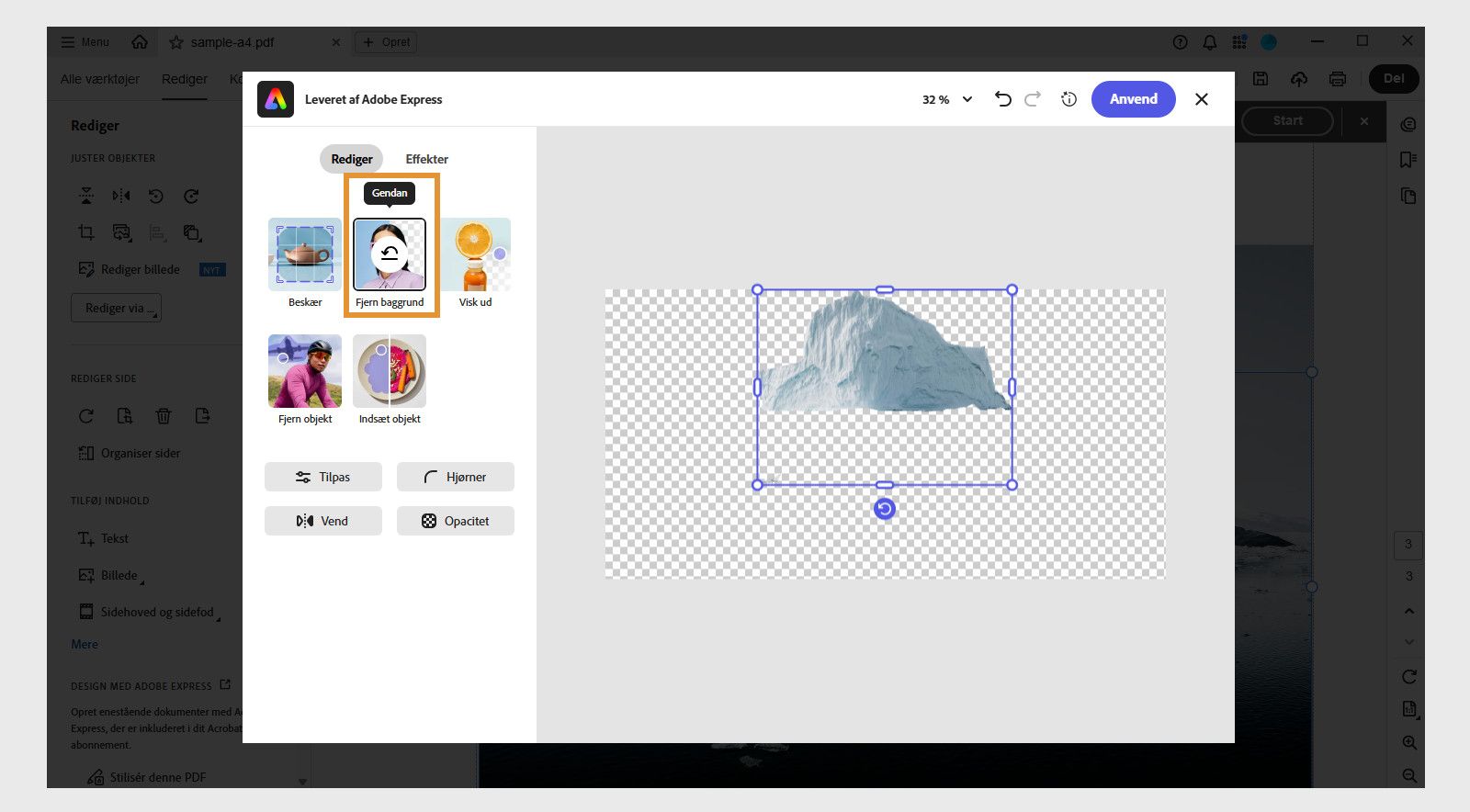 Adobe Express-redigeringsvinduet i Acrobat viser forskellige indstillinger som Fjern baggrund, Generér udfyldning, Slet, Beskær og mere.