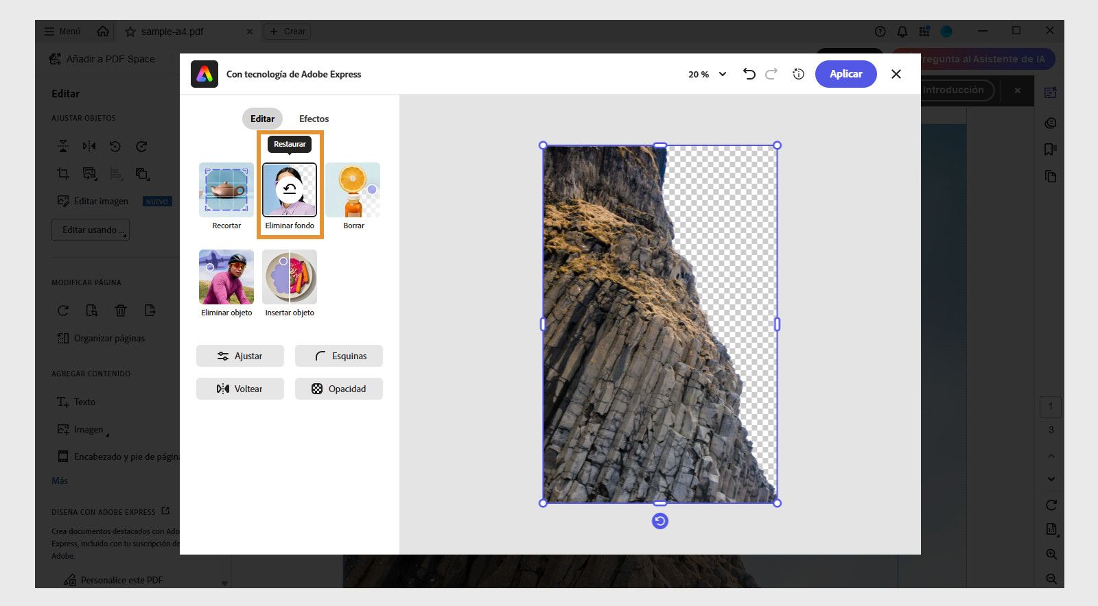 La ventana del editor de Adobe Express en Acrobat muestra varias opciones como Quitar fondo, Generar relleno, Borrar, Recorte y más.
