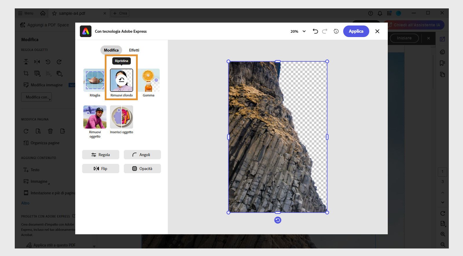 La finestra dell’editor Adobe Express in Acrobat mostra varie opzioni come Rimuovi sfondo, Genera riempimento, Cancella, Ritaglio e altro ancora.