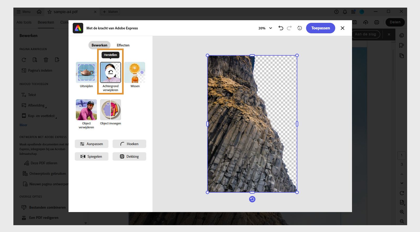 In het Adobe Express-editorvenster in Acrobat worden verschillende opties weergegeven, zoals Achtergrond verwijderen, Opvulling genereren, Wissen, Bijsnijden en meer.