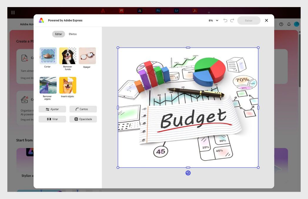 O editor de imagens do Adobe Express no Acrobat mostra as ferramentas para remover fundo, gerar preenchimento, apagar, cortar e muito mais.