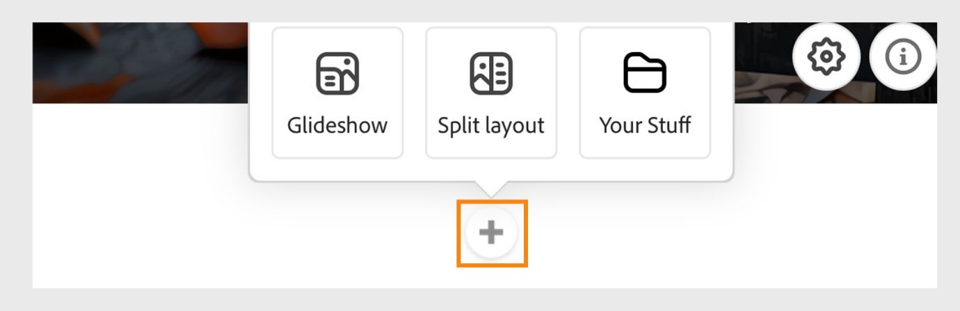 Adobe Express-webbsideredigeraren med plusknappen (+) i mitten och under varje sida med alternativ för att lägga till foton, videoklipp, bildspel, delad layout eller innehåll från Dina saker.