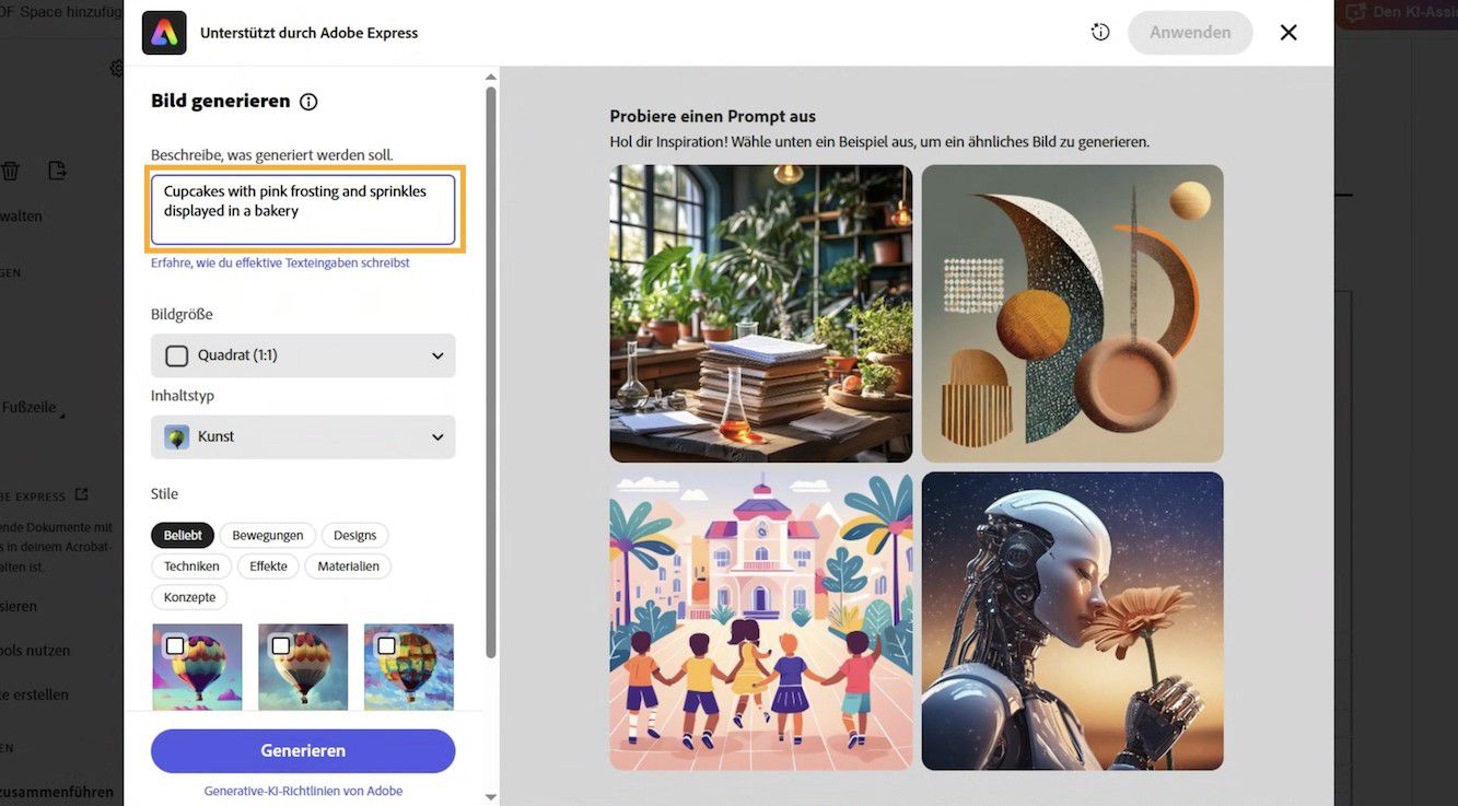 Das Fenster „Adobe Express“ zeigt Textbeschreibungsfeld, Bildoptionen und Beispielbeschreibungen zum Generieren von KI-Bildern an. 