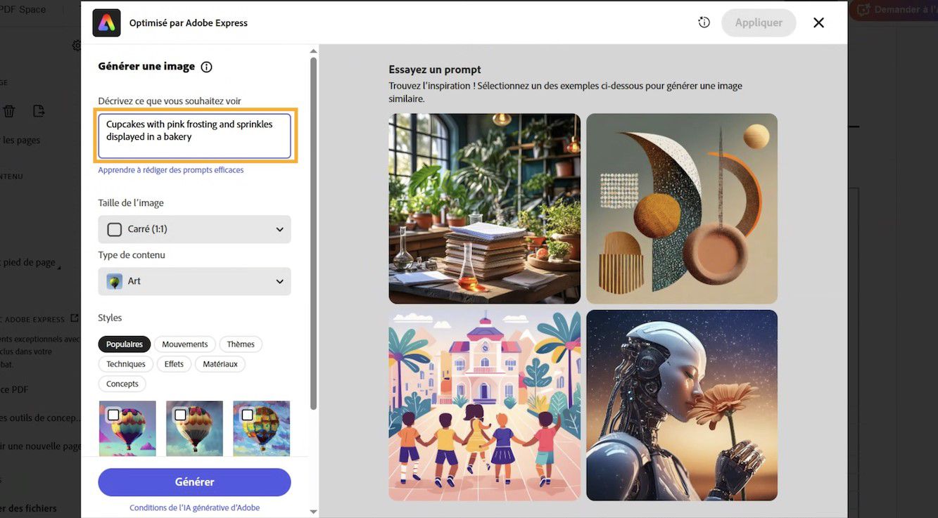 La fenêtre Adobe Express présente une zone de description textuelle, des options d’image et des exemples de prompts pour générer des images par l’IA. 