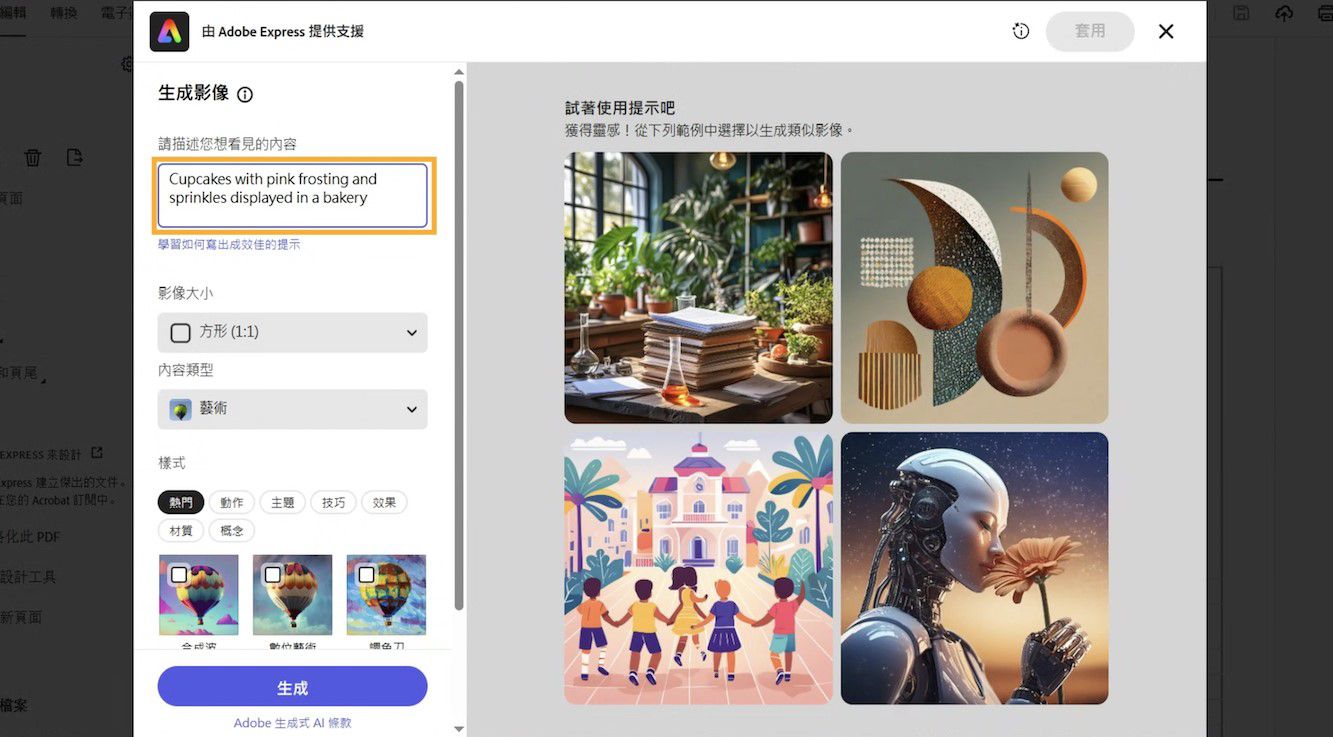 Adobe Express 視窗會顯示文字描述方塊、影像選項，以及產生 AI 影像的範例提示。