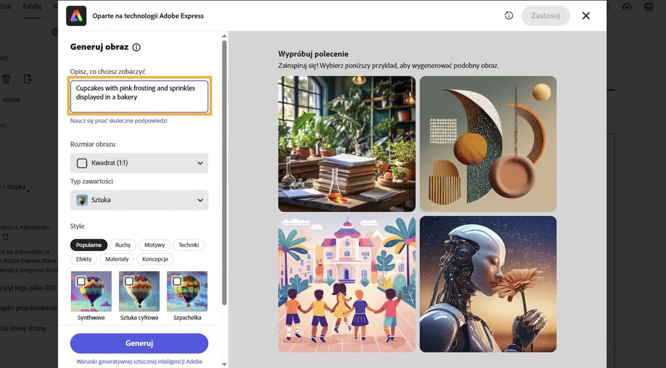 Okno Adobe Express wyświetla pole opisu tekstowego, opcje obrazu i przykładowe polecenia do generowania obrazów SI. 