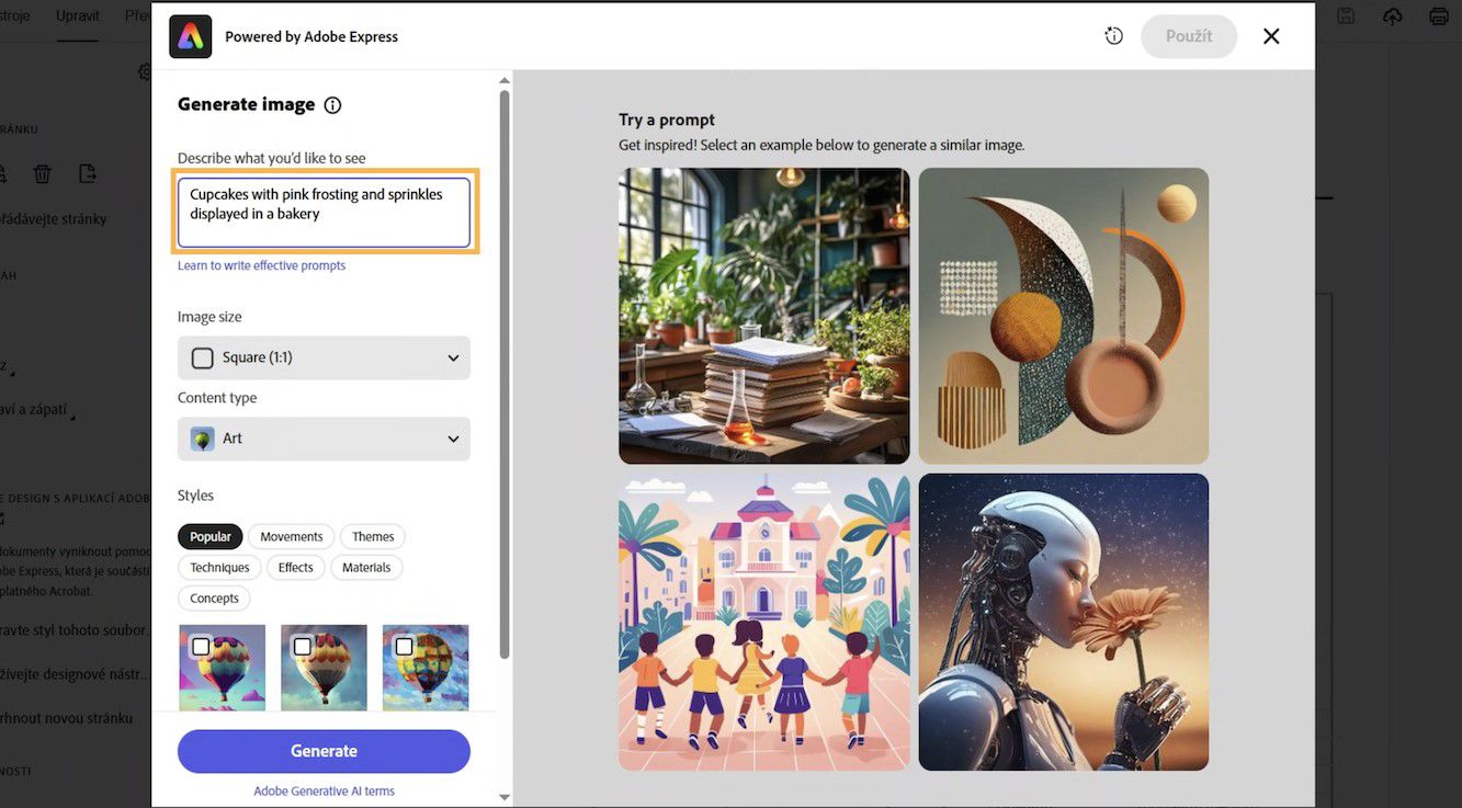 Okno Adobe Express zobrazuje pole pro textový popis, možnosti obrázku a ukázková zadání pro generování obrázků pomocí AI.
