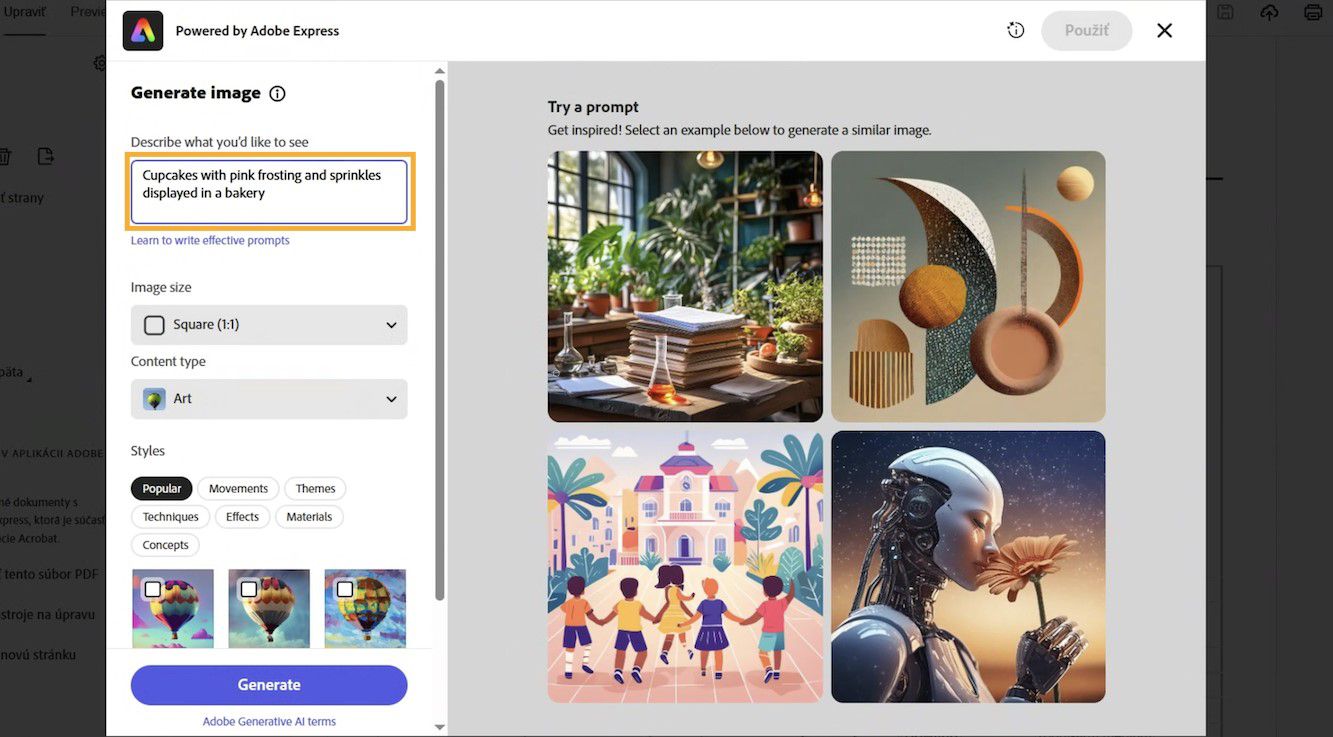 Okno Adobe Express zobrazuje pole na textový popis, možnosti obrázka a ukážkové výzvy na generovanie obrázka pomocou gen UI.